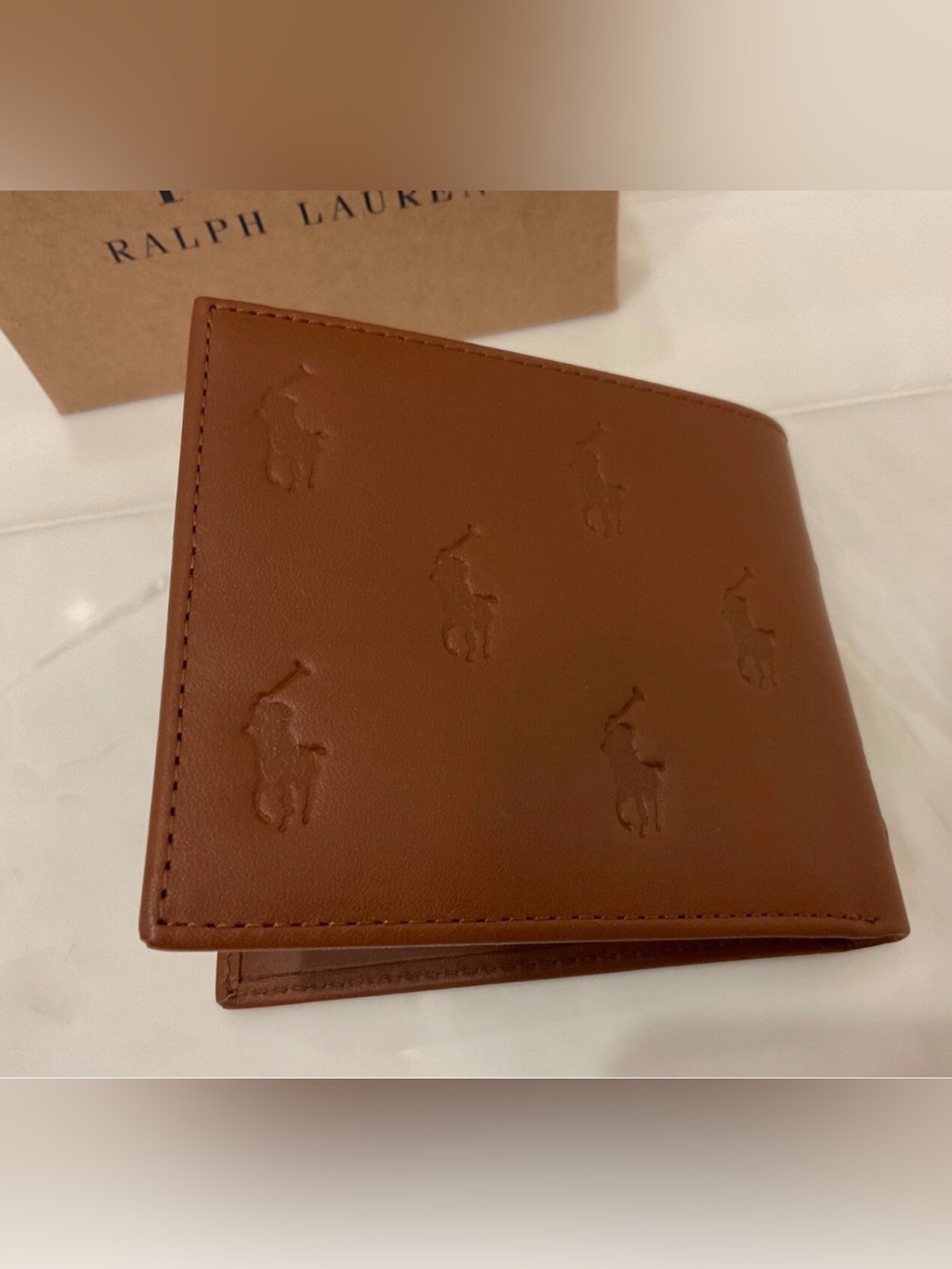 NIB Polo Ralph Lauren Leather ALL OVER PONY Double Billfold Wallet - CLASSIC TAN - Picture 4 of 13